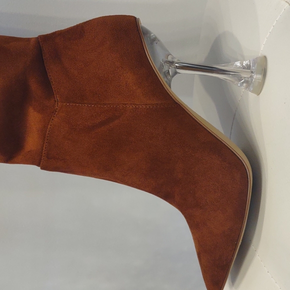 Gianni Bini Stretch Over Knee High Zip Lucite Clear Heel Boots Cognac Brown 5.5 - Picture 2 of 5